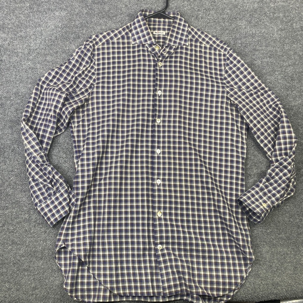 Kiton Napoli Mens Blue Brown Check Cotton Long Sleeve Button Down Shirt Italy